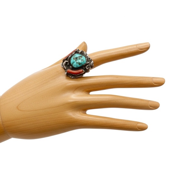 Sz 7, Vintage Ring, Turquoise Coral Sterling Silver Statement Ring - Picture 9 of 16